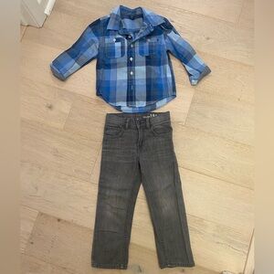 Baby Gap Blue Plaid Shirt and Gray Jeans Set Size Toddler 3 Years